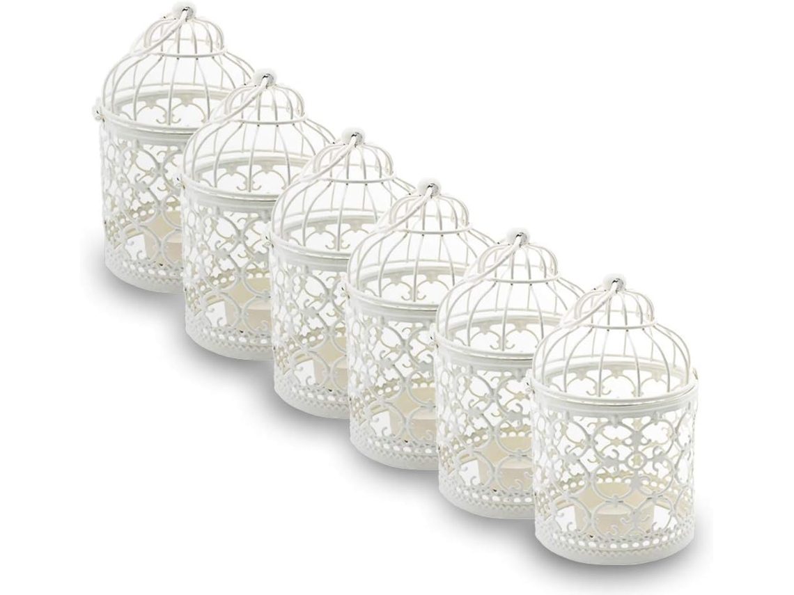 Farol decorativo de metal con forma de jaula de pájaros, vela, vela de té, decoración de mesa para el hogar, candelabro de hierro, farol colgante de nieve (6 unidades, blanco)