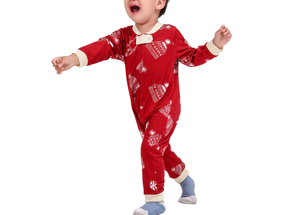 Pijama de Natal Rebe para a família, com estampa de árvore, gola redonda, mangas compridas, vermelho escuro, tamanho bebê 12-18 meses.
