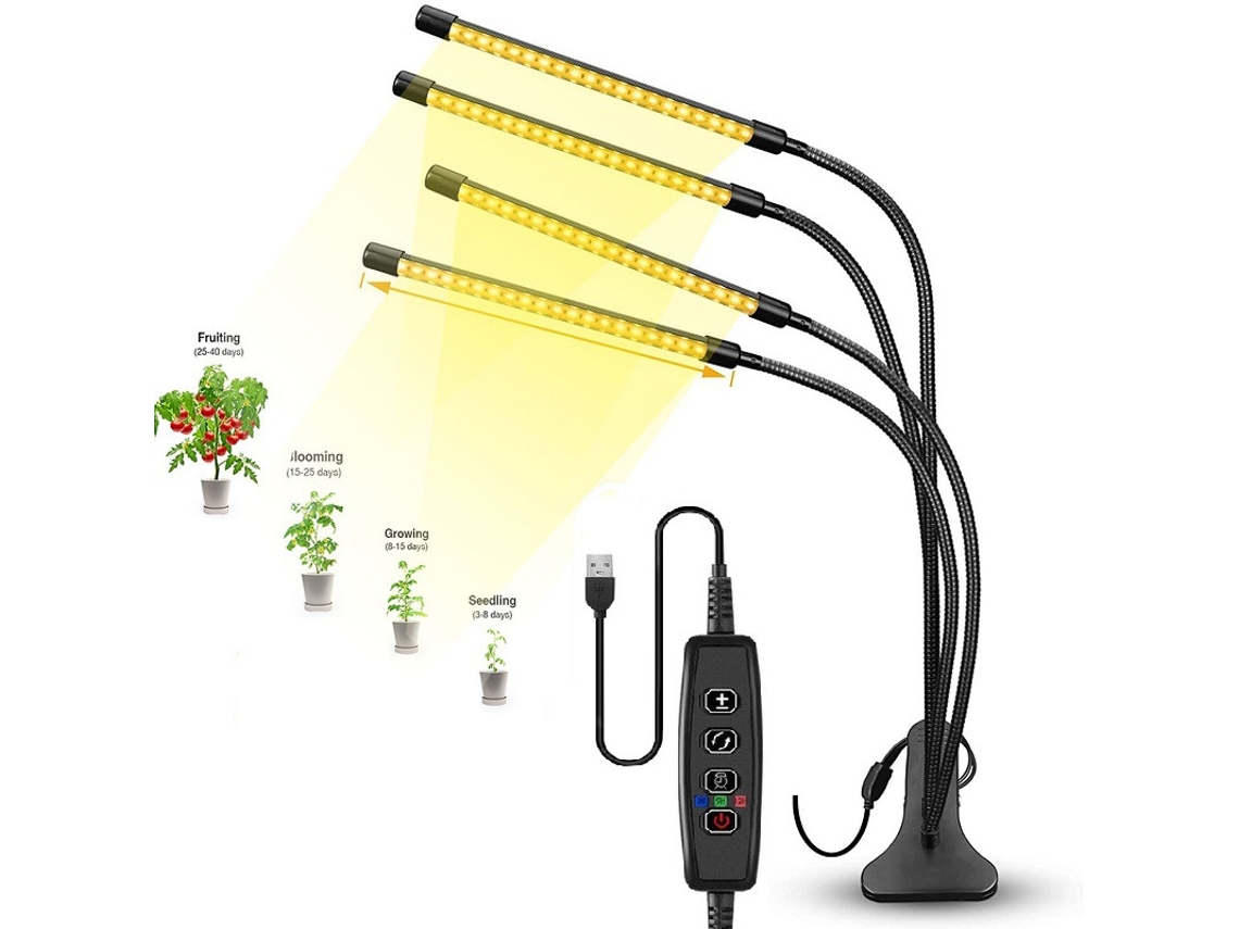 Lámpara LED de cuatro brazos para el cultivo de plantas de interior, con conector USB, regulable y con temporizador automático.