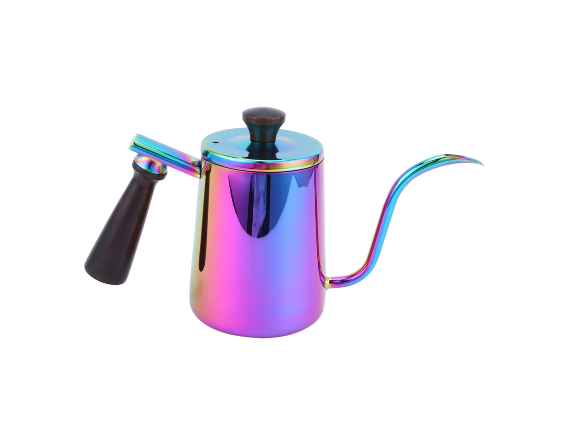 Jarra de café de acero inoxidable 304 de 700 ml con pico de cuello de cisne y mango de madera de colores.