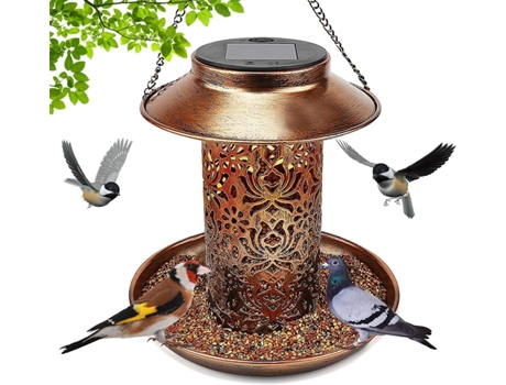 Comedero solar para pájaros para exterior, colgante al aire libre con energía solar, farol de jardín, luz para casa de pájaros, comedero para pájar...