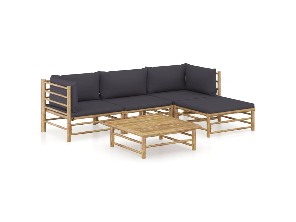 Conjunto 5 Peças Lounge Jardim Em Bambu C/ Almofadões Cinza Escuro Dkd Home Decor