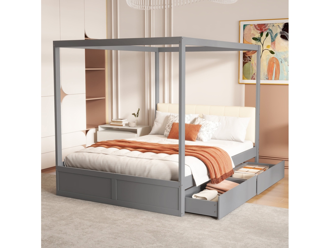 Cama Con Dosel De 140x200 Cm, Color Gris, Con Cajones Y Cabecero Tapizado.