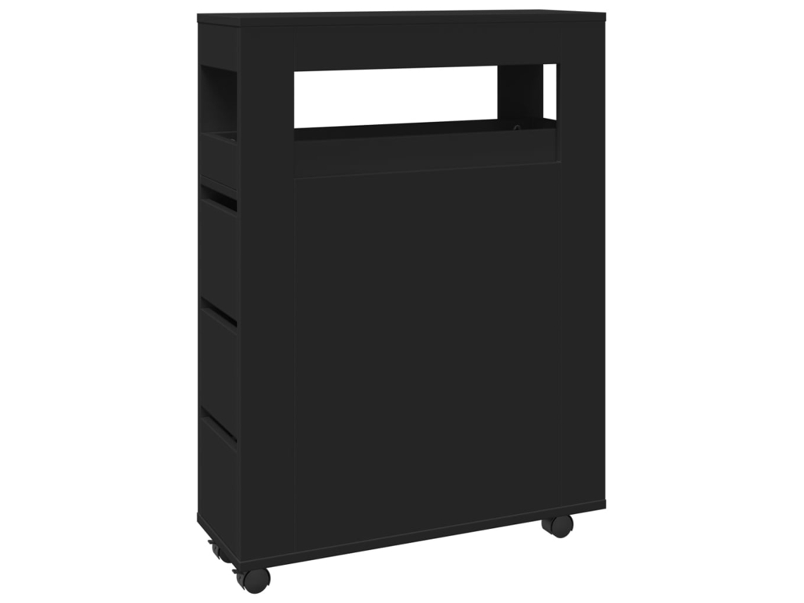 Mueble de baño estrecho con ruedas, derivados de la madera, negro, EXCLUSIVO DE LA CASA