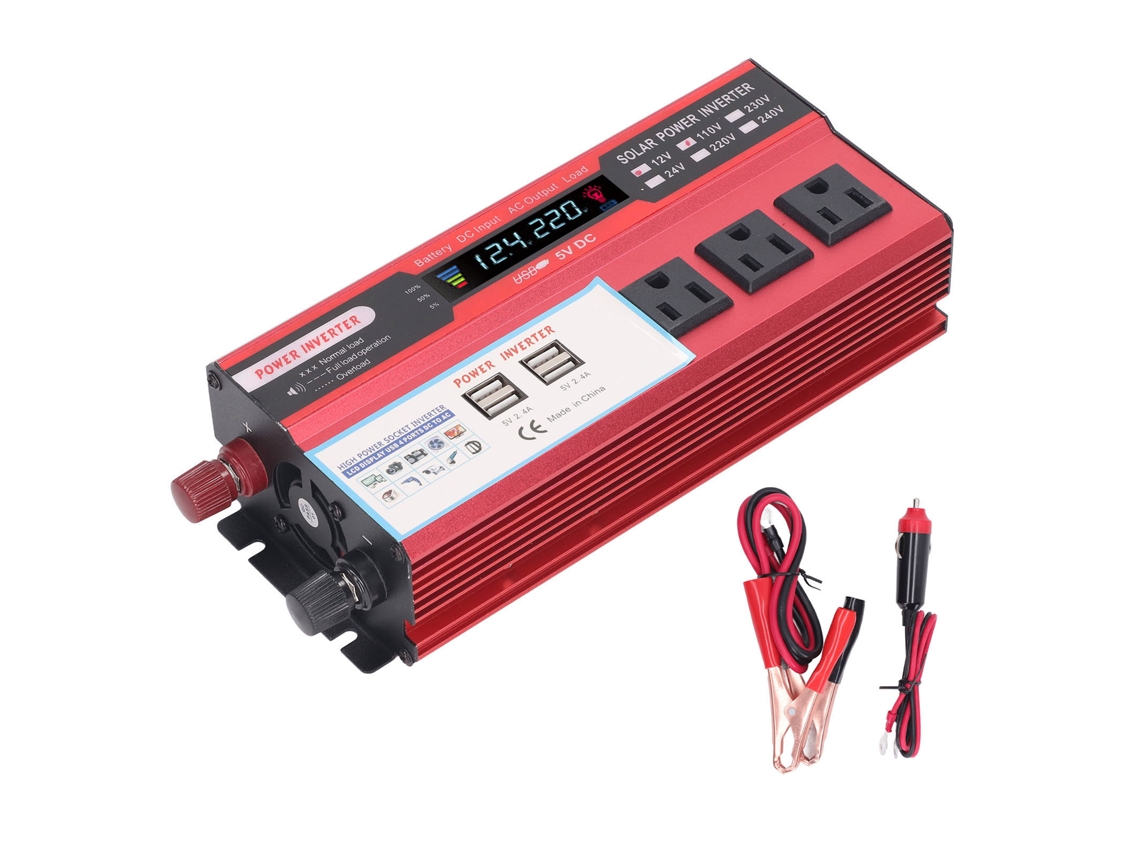 Inversor De Corriente Para Coche De 1500 W Con 3 Tomas De Corriente Alterna, 4 Puertos Usb Y Salida De Onda Sinusoidal Modificada.