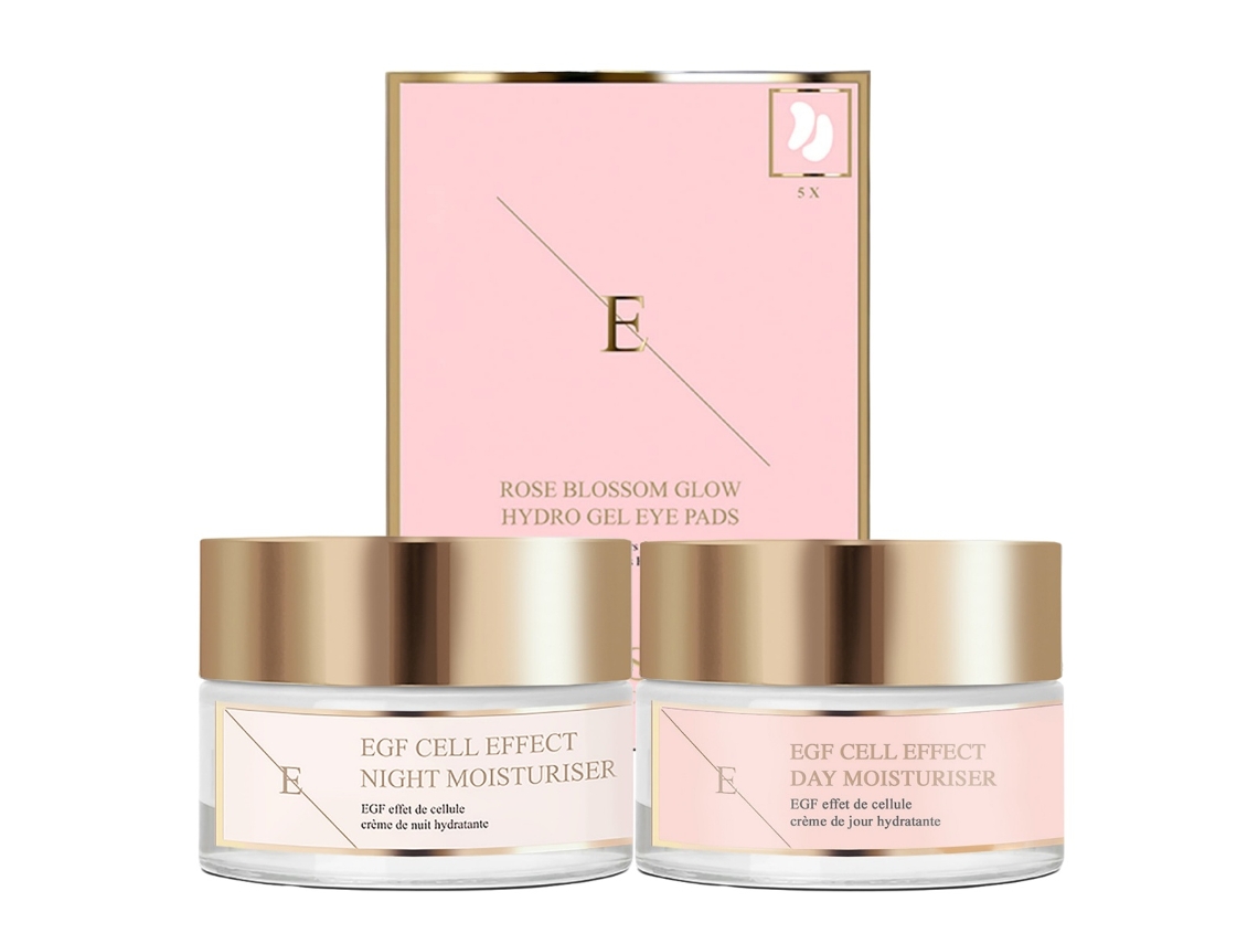 Crema hidratante de día EGF Cell Effect. Crema hidratante de noche EGF Cell Effect. Parches para ojos Rose Blossom. Erth Skin London.