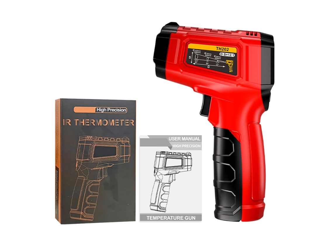 Termómetro infrarrojo sin contacto, pistola de temperatura de -50 °C a 600 °C, emisividad ajustable, relación 12:1, pantalla LCD retroiluminada