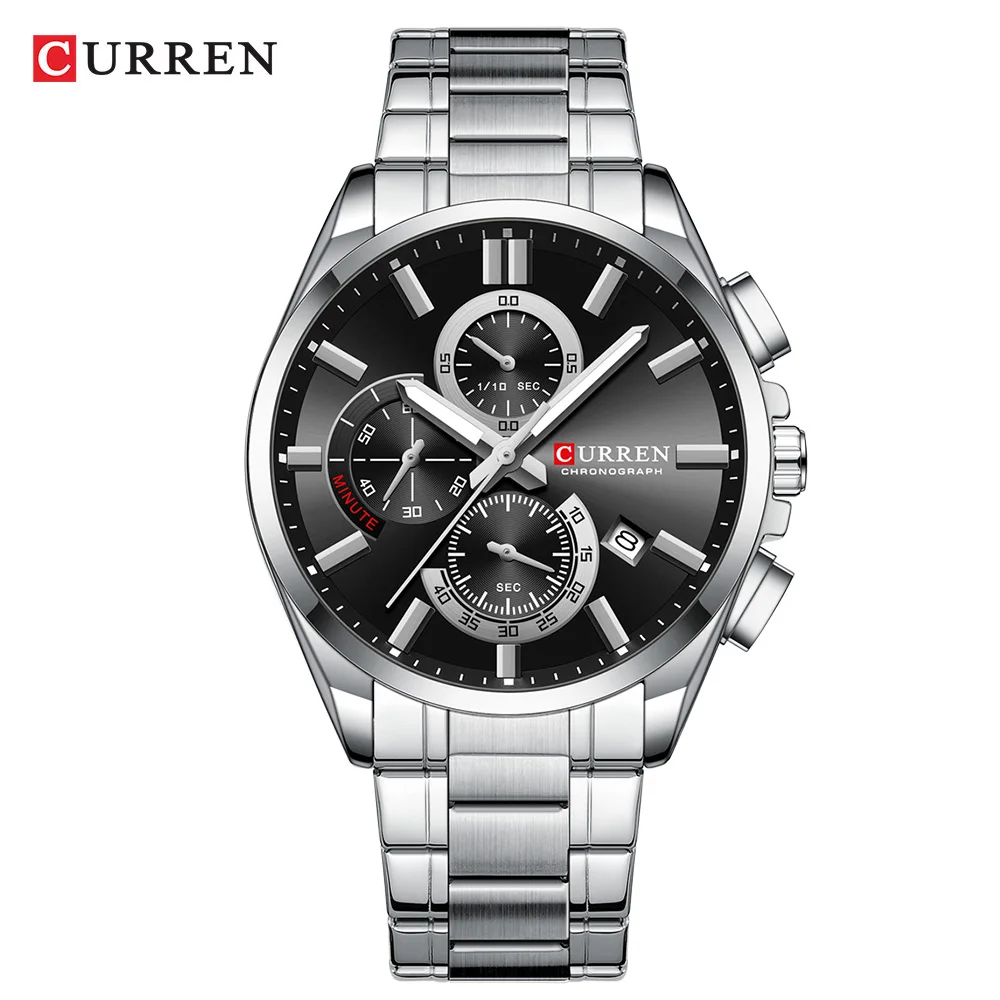 Reloj Cronógrafo De Acero Inoxidable Resistente Al Agua Para Hombre Con Esfera Giratoria Con Fase Lunar Y Fecha.