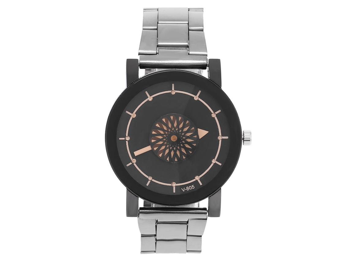 Reloj De Pulsera De Cuarzo Con Brazalete De Acero Inoxidable Y Esfera Floral (marco Negro L)