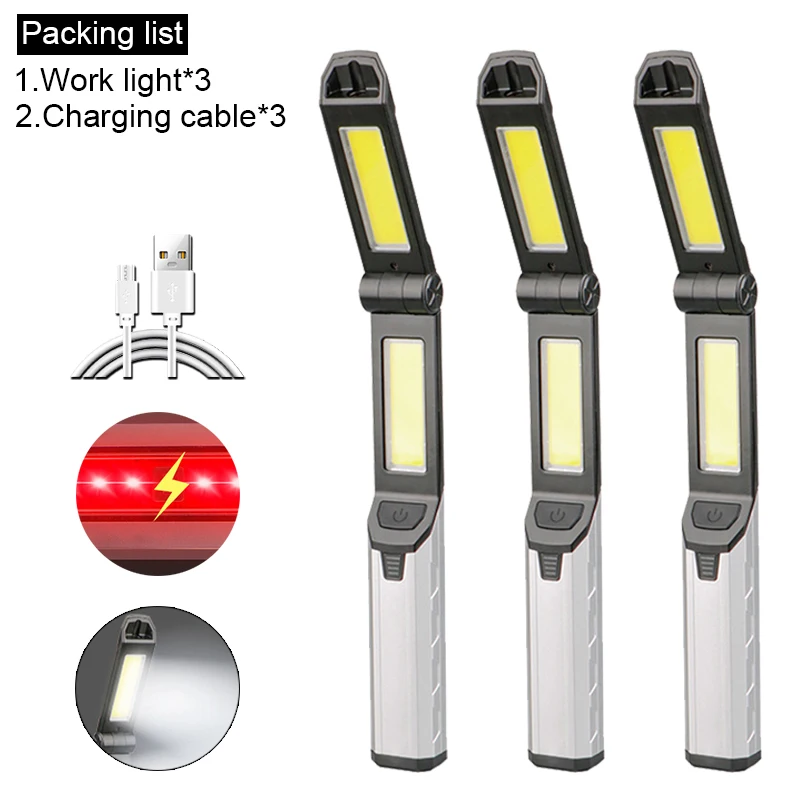 Luz de trabajo COB multifuncional con batería integrada, luz roja de advertencia, magnética y recargable por USB. Aeuzwr