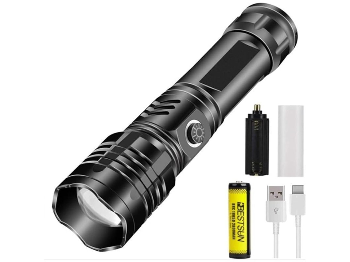Linterna LED XHP50, 5000 lm, USB, recargable, resistente al agua, zoom, 5 modos, indicador de batería, para acampar y hacer senderismo.