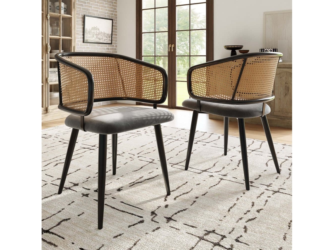 Sillas Comedor 2 Piezas - Respaldo De Ratán, Cojín De Terciopelo, Estilo Moderno Y Sencillo - Gris