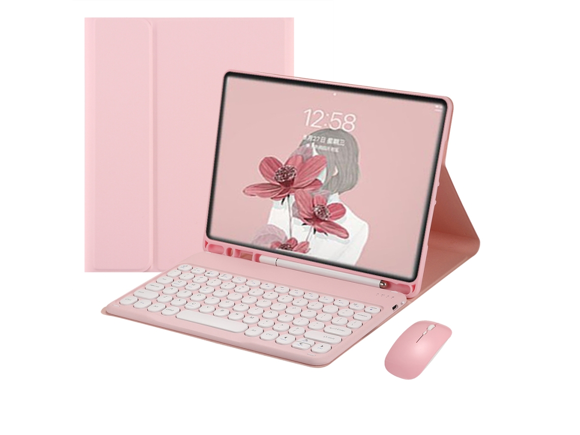 Funda con teclado para iPad 9 2021 de 10,2 pulgadas, iPad 8, 7, Air 3 Pro de 10,5 pulgadas, con ratón, teclas redondas de colores rosa, cubierta de teclado desmontable