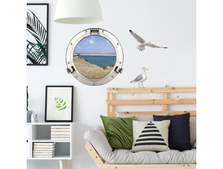 Ventana de Adhesivo Decorativo en Trompe L'Oeil 3D Efecto PLAGE Foto de un Buey Trompe L'Oeil Visto en las Dunas Junto al Mar 68 Cm X 48 Cm