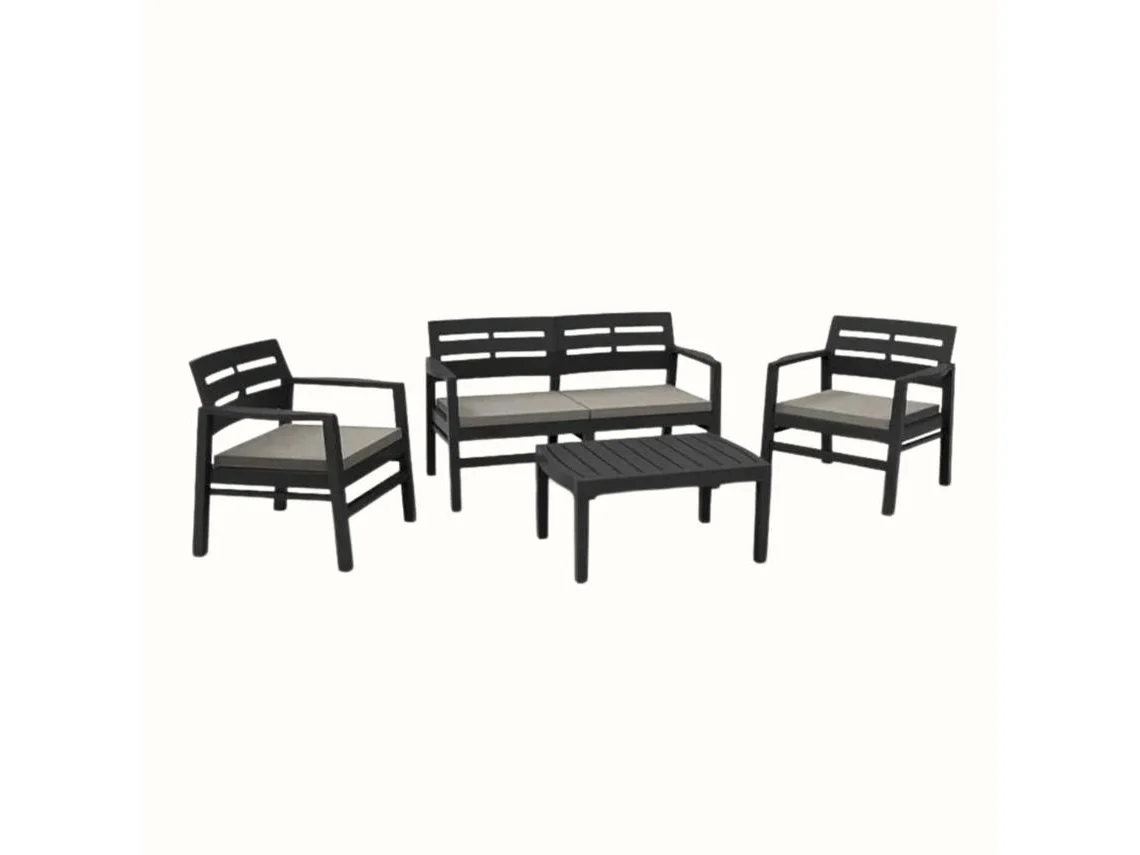 Conjunto de Jardín IPAE-PROGARDEN Java Antracite IPAE PROGARDEN (2 Sillones + 1 Mesa de Apoyo + 1 Sofá Doble + 4 Cojines)
