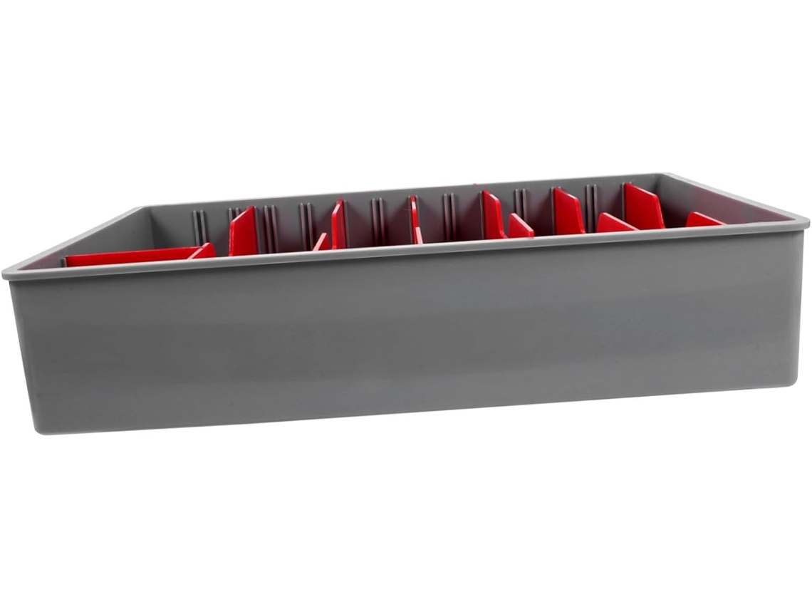 Caja Registradora Roja Con Compartimentos Y Bandeja Organizadora De Líquidos Con Separadores.