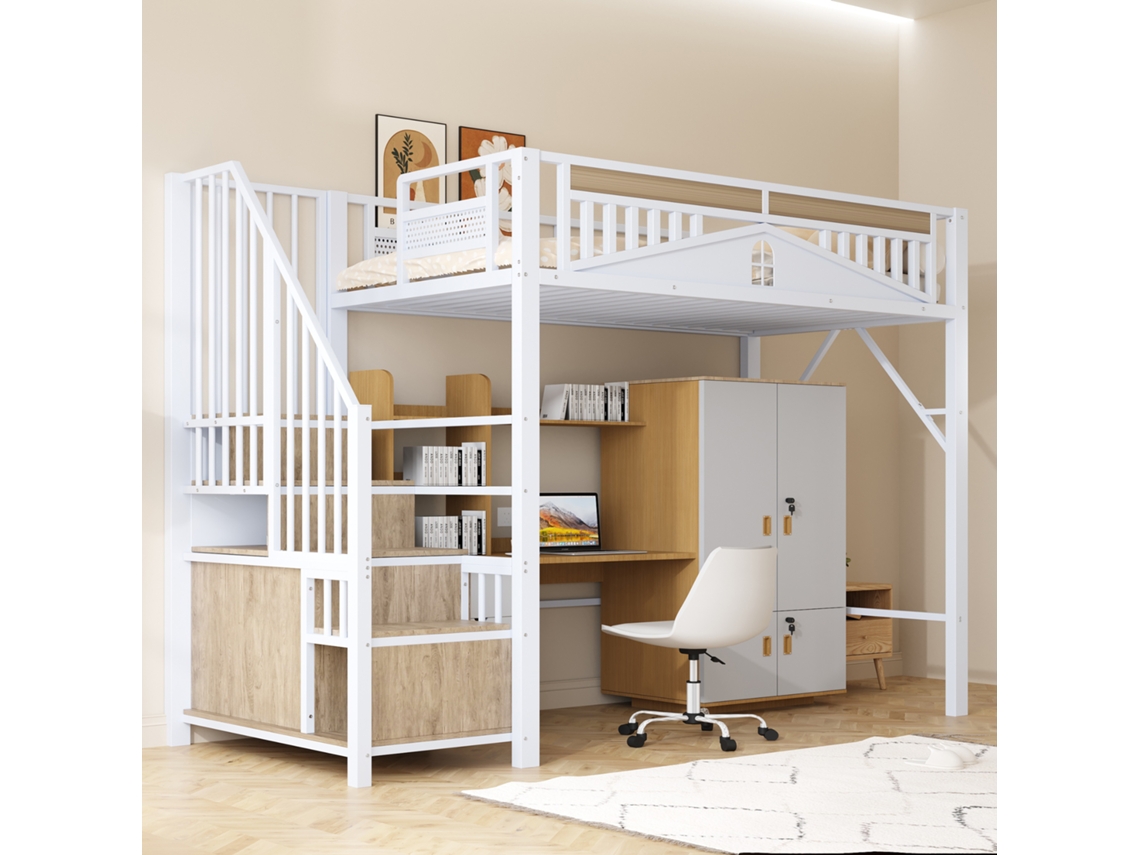 Cama Alta De Metal De 90x200 Con Ventana Y Armario Con Escalera.
