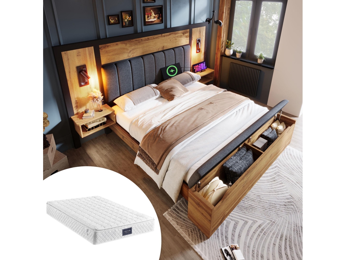 Cama Doble 160x200 Cm - Cama Con Lámpara De Lectura, Mesita De Noche Usb C, Banco Con Espacio De Almacenamiento - Roble
