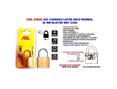 Avl candado laton a-normal 30 m.m. blister c30b
