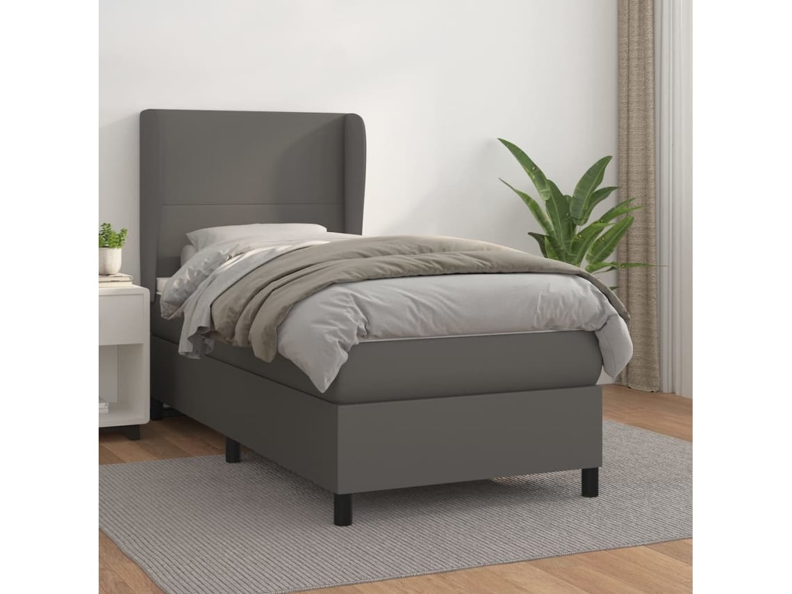 Cama Box Spring Con Colchón Cuero Sintético Gris 100x200 Cm