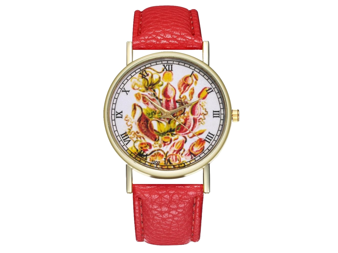 Reloj De Pulsera Unisex De Cuarzo Zhoulianfa Con Correa De Pu Y Estampado De Plantas Rojas.