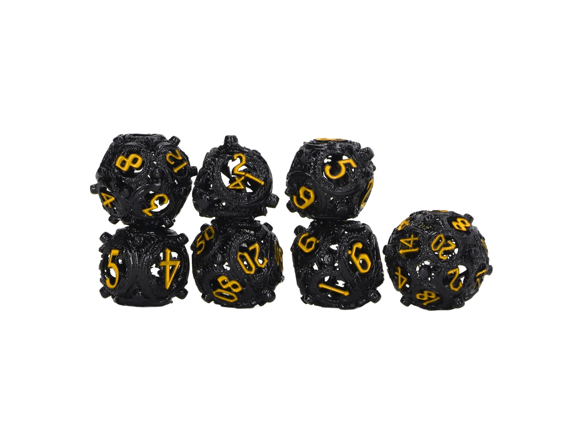 Ats-set De 7 Dados Huecos De Cobre, Dados Metálicos Poliédricos Equilibrados Grabados, Portátiles Para Juegos De Mesa Negro Amarillo