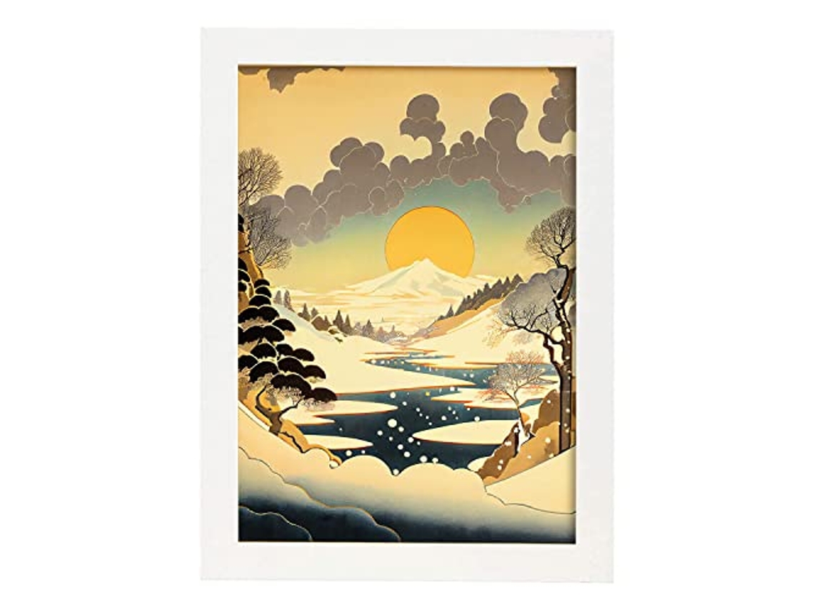 NACNIC Poster Río Congelado En El Estilo De Arte Japonés Ukiyo. Paisajes Ilustraciones De Arte Oriental A4 Marcos Blancos.