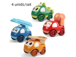 Conjunto de 4 vehículos de construcción estilo dibujos animados, que incluye un camión hormigonera y un vehículo inercial. MDUG