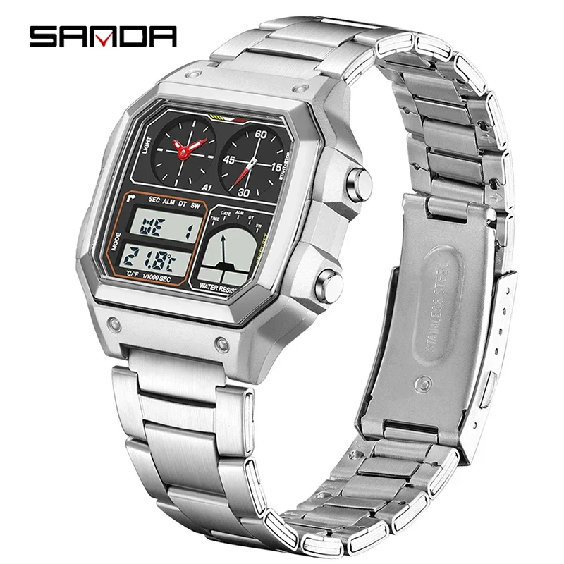 Reloj Digital Elegante Para Hombre (plateado Y Negro) Con Calendario, Resistente Al Agua Y Alarma.
