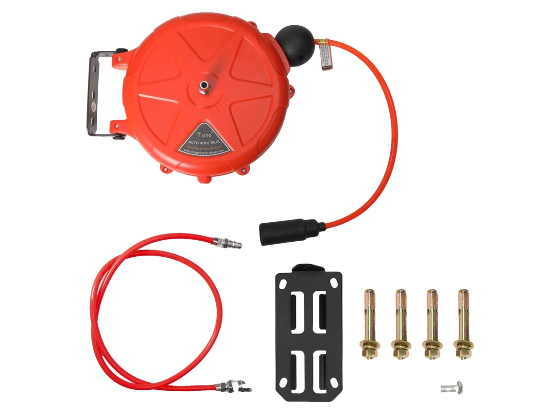 Manguera de aire retráctil automática, para montaje en pared, roja.