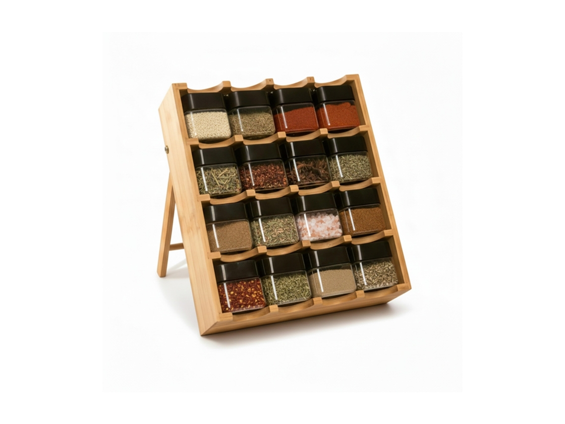 Relaxdays Estante Para Especias Con 16 Tarros, Bambú, 35x30x9 Cm, 4 Niveles, Escalera Vertical, Almacenamiento Natural