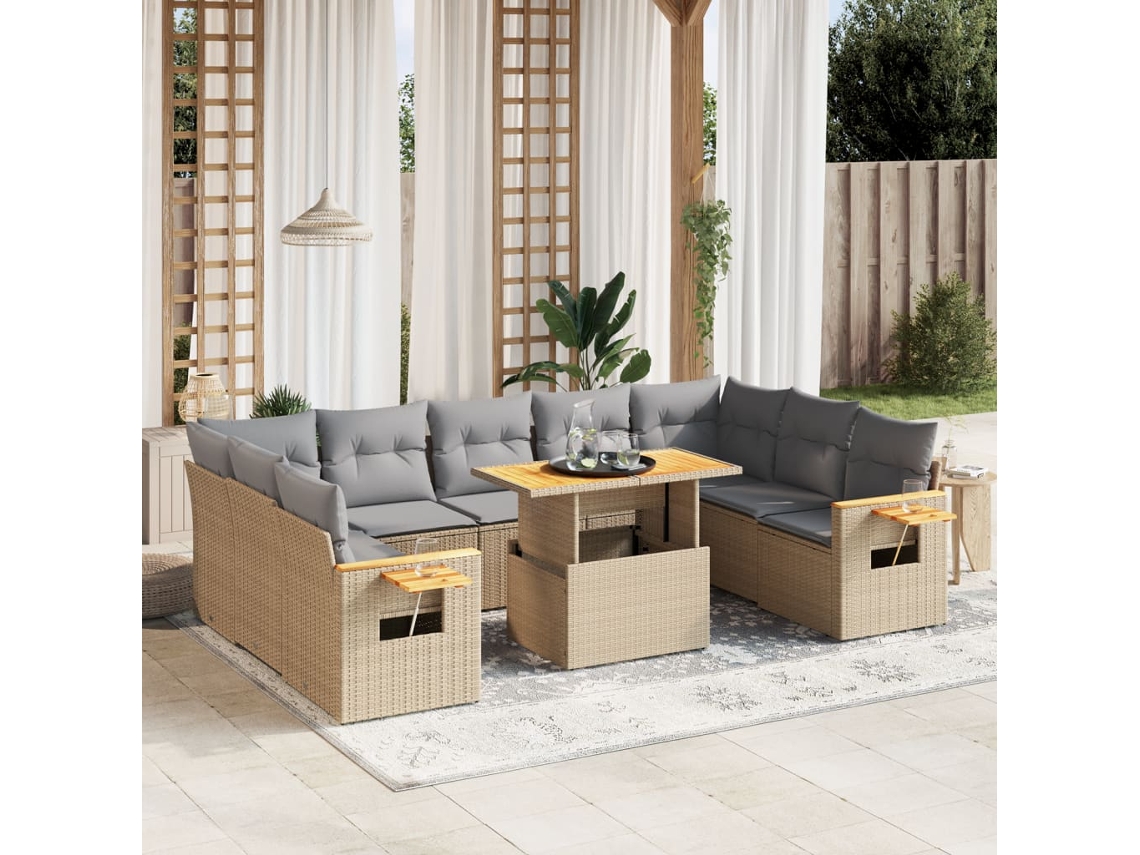 Conjunto de sofá de jardín de 10 piezas con cojines, mimbre sintético beige, Dkd Home Decor