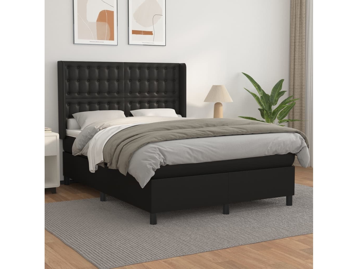 Cama box spring con colchón cuero sintético negro 140x200cm