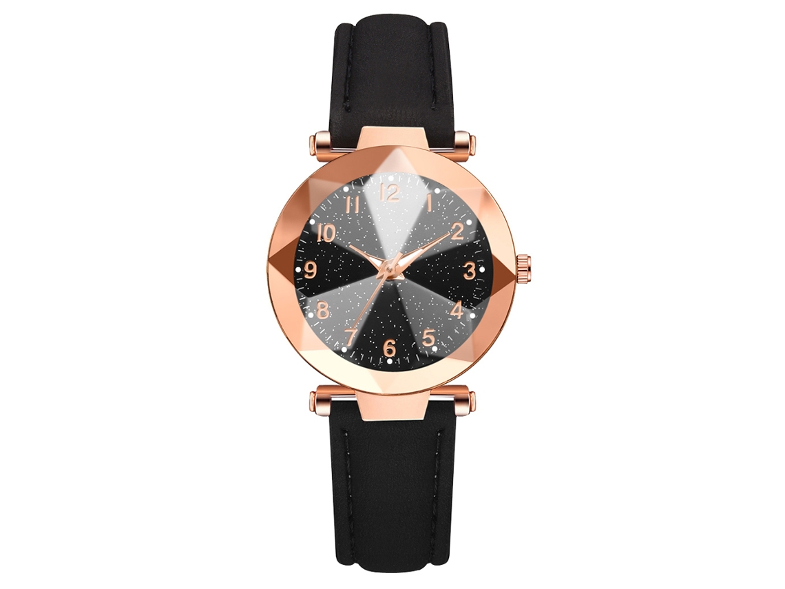 Reloj De Pulsera Para Mujer De Piel Sintética Con Esfera Redonda Y Movimiento De Cuarzo Negro.