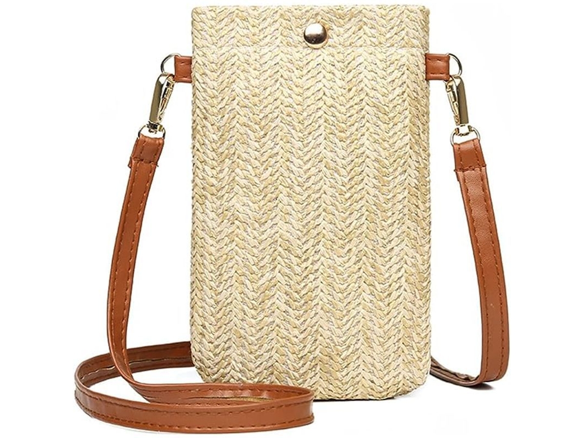 Bolso Bandolera De Paja, 1 Pieza, Bolso De Playa Tejido, Bolso De Hombro Vertical Sencillo Para Mujer Para Teléfono Móvil, Color Beige.