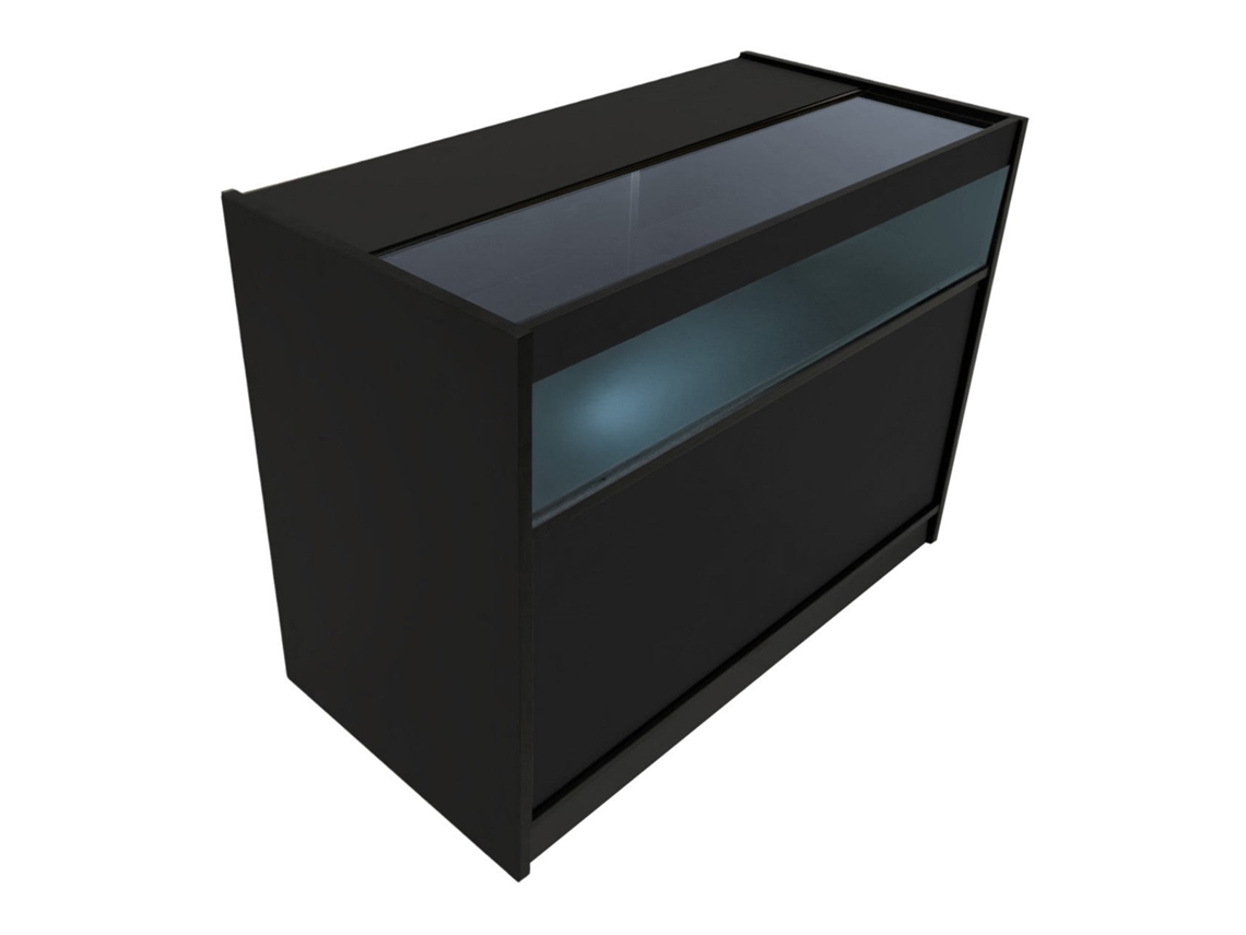 Mostrador comercial LED B1200 MonsterShop, MDF negro, vidrio templado, 120x60x90 cm, 3 estantes