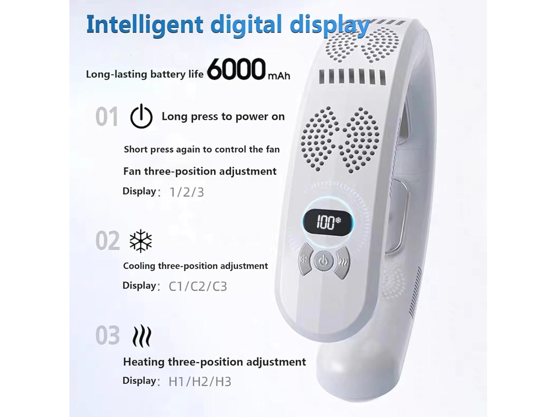 Ventilador De Cuello 6000mah 5 Turbo 3 Placa Enfriadora De Aire Portátil - Blanco CHRONUS