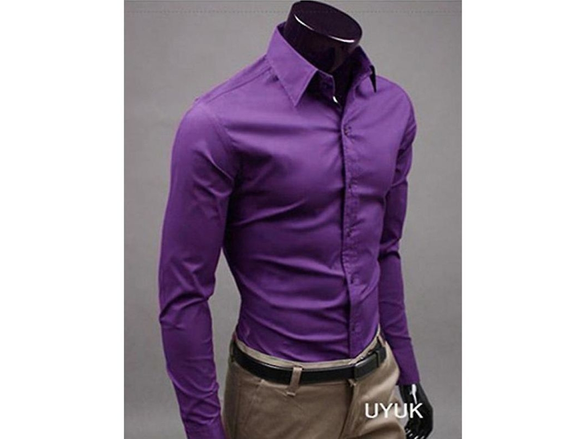 2026-camisetas De Lujo Para Hombre, Manga Larga, Cuello Abotonado, Casual Y Formal, Slim Fit, Algodón Mezclado M Morado
