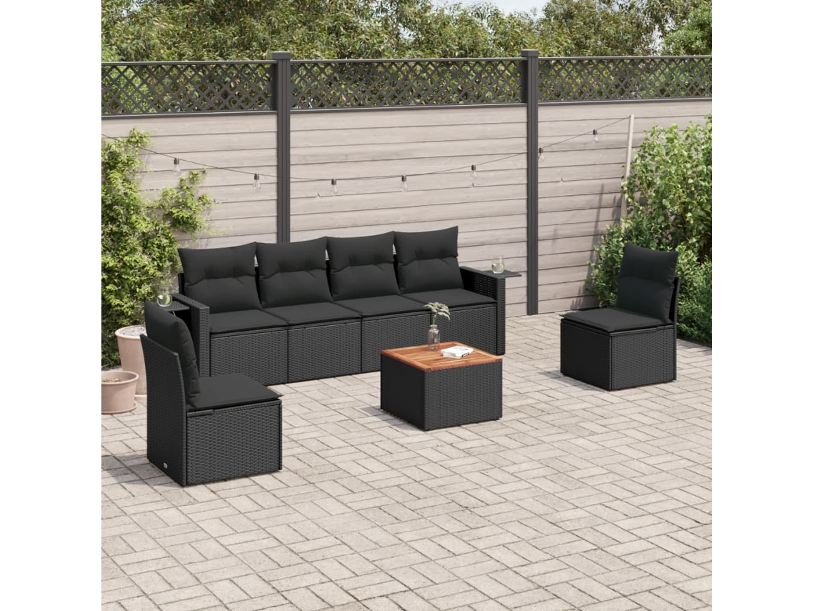 Conjunto de sofá de jardín de 7 piezas con cojines, ratán negro, Dkd Home Decor