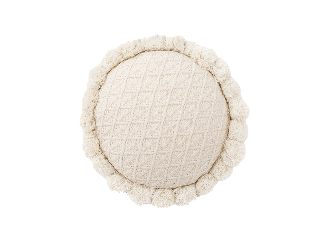 Cojín Bohemio Redondo Con Pompones, Tejido A Mano, Decorativo Para Sofá O Suelo.