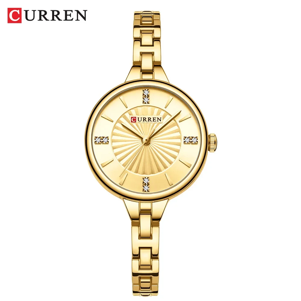 (Oro) Esfera sencilla y romántica con pedrería y pulsera de acero inoxidable.