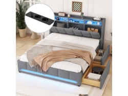 Cama Hidráulica De 140x200 Con Iluminación Led, Usb-c, Cajones Y Aplicación - Gris
