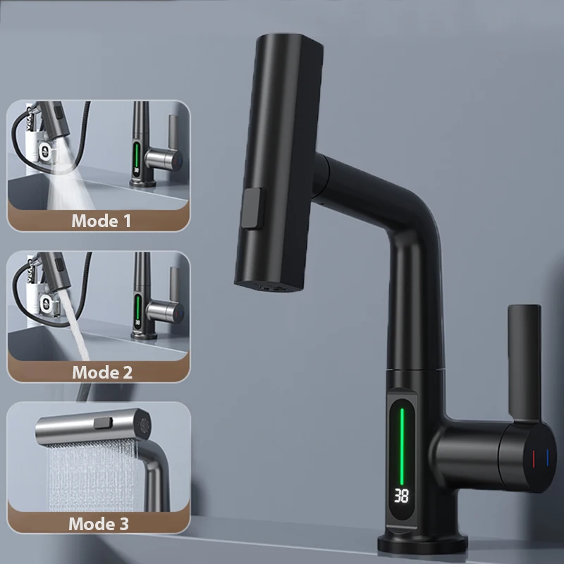 (negro) Grifo De Lavabo Con Pantalla Digital De Temperatura, Cabezal De Ducha Extraíble Y Mezclador De Agua Fría Y Caliente.