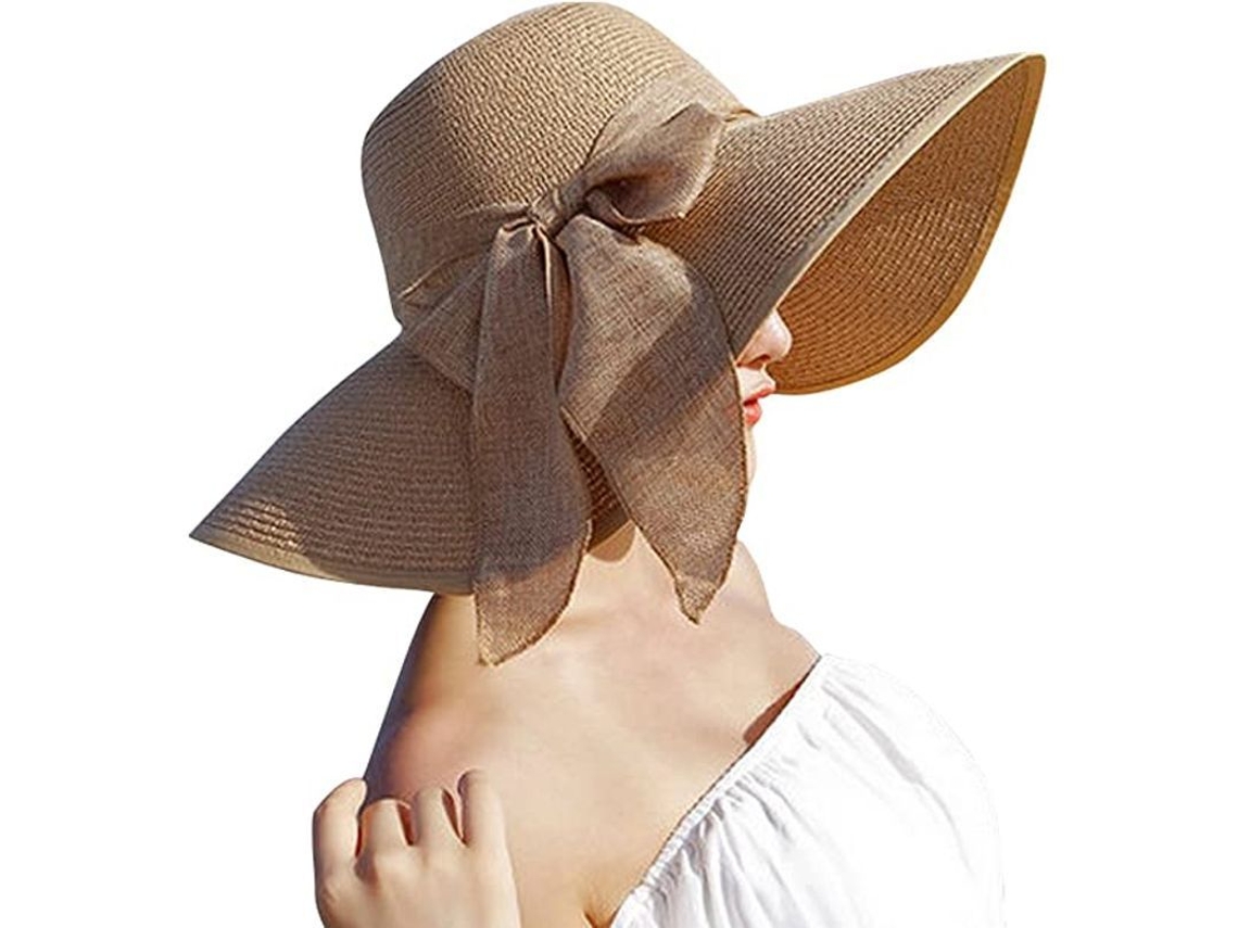 Sombrero De Paja Con Nudo Grande Para Mujer, Sombrero De Playa Ancho, Plegable Y Enrollable, Protector Solar, Color Caqui.