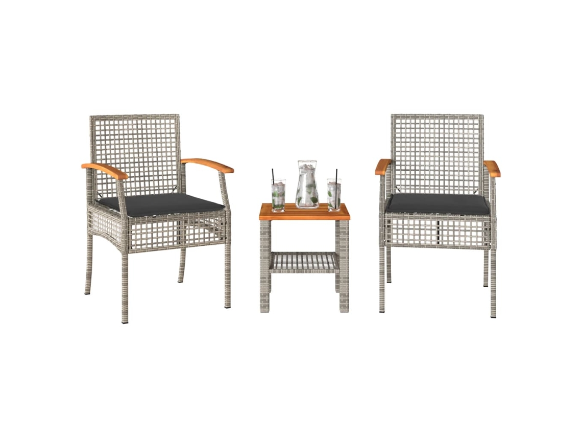 Conjunto de bistró de 3 piezas con cojines en mimbre y gris acacia, Dkd Home Decor