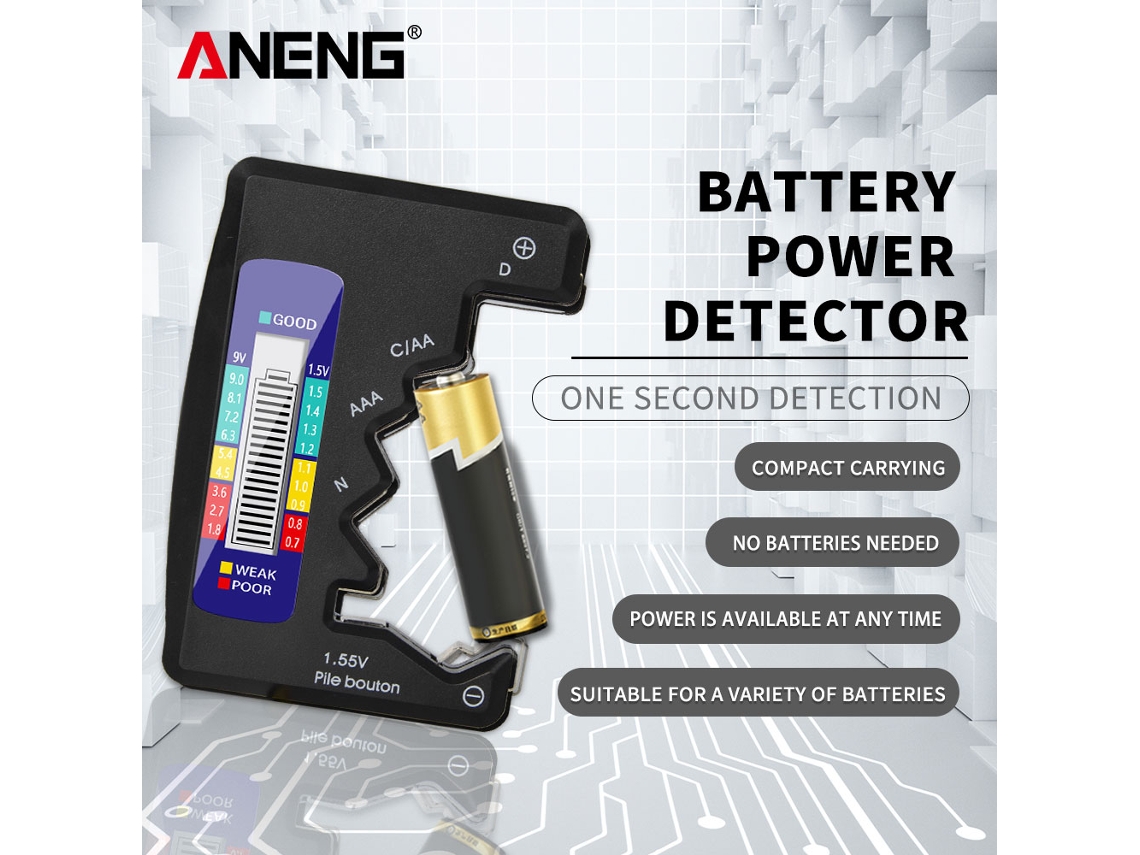 Probador de baterías Aneng con pantalla LCD para pilas AA, AAA, C, D, 9V y botones.