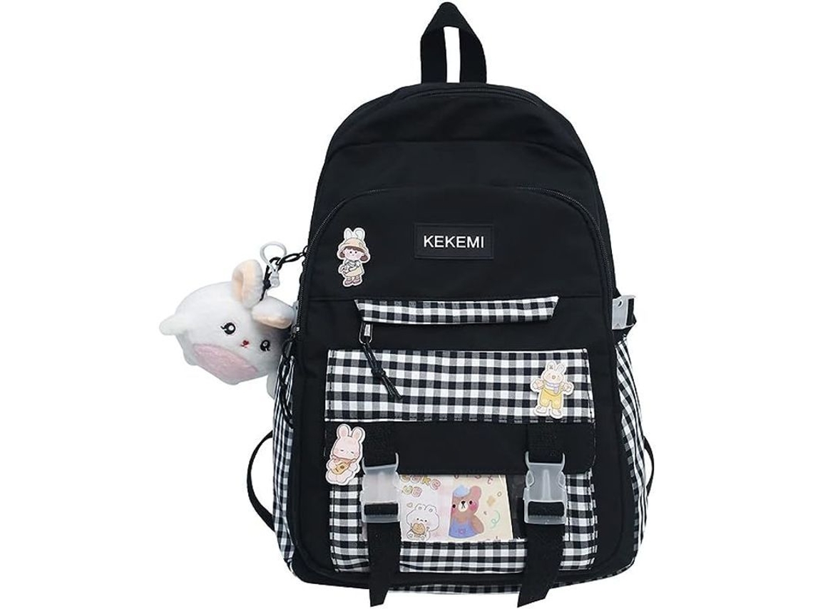 2026-mochila Grande Kawaii Harajuku Japonesa Cute Plaid Para Estudiantes Escolares (negro)
