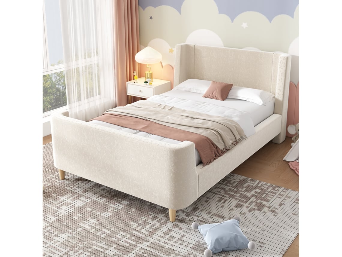 Cama Infantil De Terciopelo Beige Estrellado De 90x200 Cm.