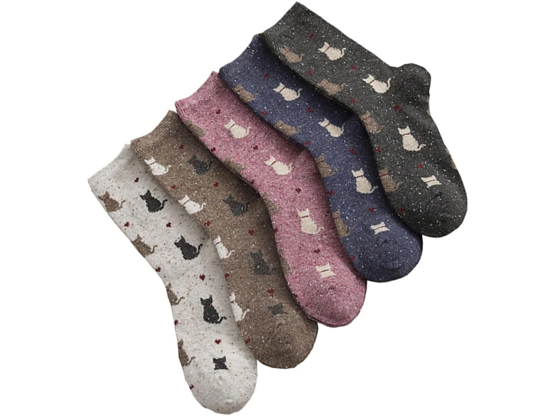 Calcetines Largos Y Cálidos, 5 Pares, Estampado De Gatitos, Lana Elástica Transpirable Para Otoño E Invierno.