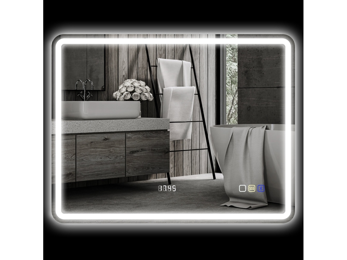 Espejo de baño con iluminación de 70x90 cm, espejo de pared LED con Bluetooth, función de música, reloj e interruptor táctil.
